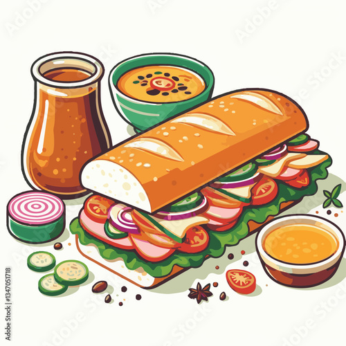 bread, baguette, meal, meat, fresh, food, background, cucumber, carrot, lunch, cuisine, coriander, sandwich, asian, traditional, vietnamese, pork, vietnam, sliced, closeup, cilantro, vegetable, street