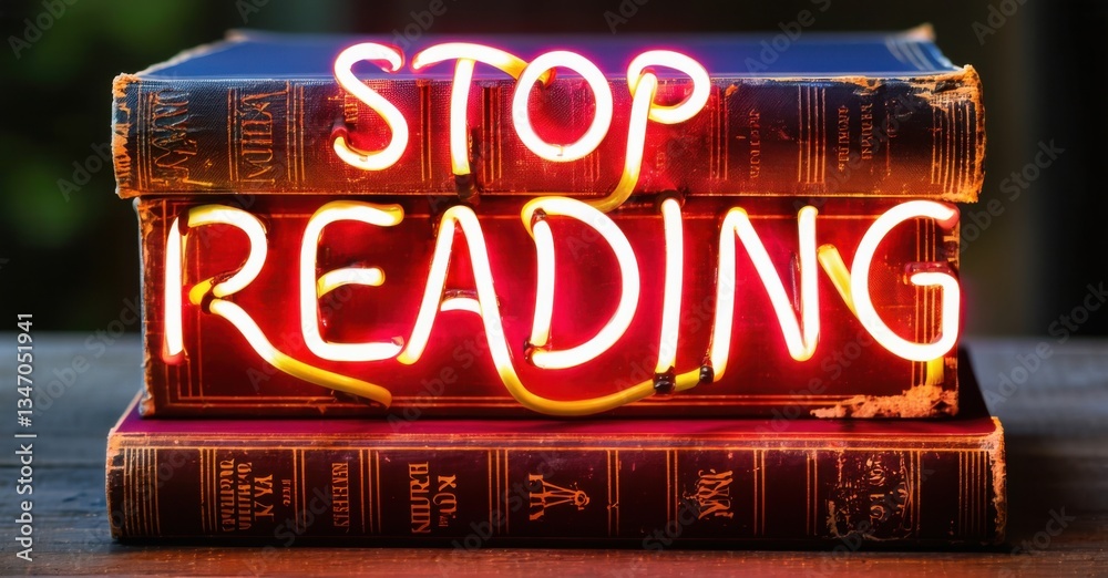 Neon stop reading sign glowing in deep red on worn out book cover deep navy and bright silver symbolizing cursed knowledge Neon stop reading sign glowing in deep red on worn out book cover deep navy and bright silver symbolizing cursed knowledge
