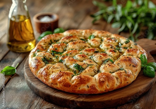 Freshly Baked Herb Focaccia with Olive Oil and Sea Salt on Wooden Board Surrounded by Decorative Greenery and Aromatic Ingredients