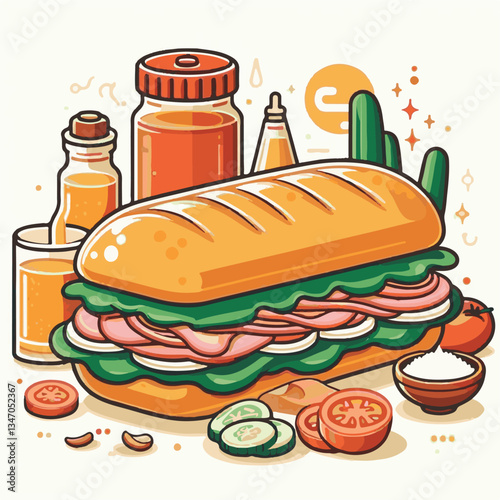 bread, baguette, meal, meat, fresh, food, background, cucumber, carrot, lunch, cuisine, coriander, sandwich, asian, traditional, vietnamese, pork, vietnam, sliced, closeup, cilantro, vegetable, street