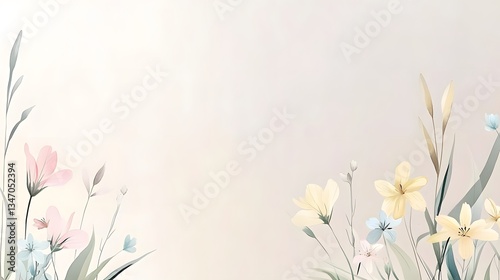 Delicate watercolor flowers and plants are arranged on a soft background