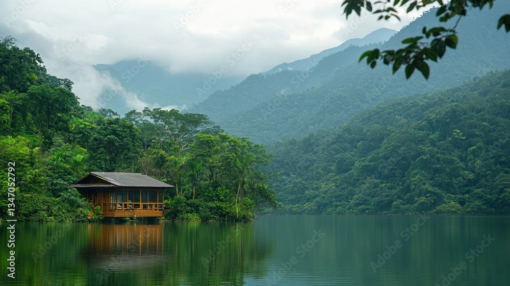 Fototapeta premium Tranquil wooden cabin nestled on a serene lake, surrounded by lush green mountains and misty forests