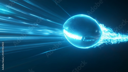 Glowing football flying through blue energy beams