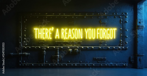 Neon there s reason you forgot sign glowing in eerie yellow above sealed vault deep navy and bright silver symbolizing suppressed history