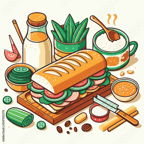 bread, baguette, meal, meat, fresh, food, background, cucumber, carrot, lunch, cuisine, coriander, sandwich, asian, traditional, vietnamese, pork, vietnam, sliced, closeup, cilantro, vegetable, street