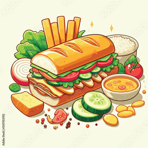 bread, baguette, meal, meat, fresh, food, background, cucumber, carrot, lunch, cuisine, coriander, sandwich, asian, traditional, vietnamese, pork, vietnam, sliced, closeup, cilantro, vegetable, street