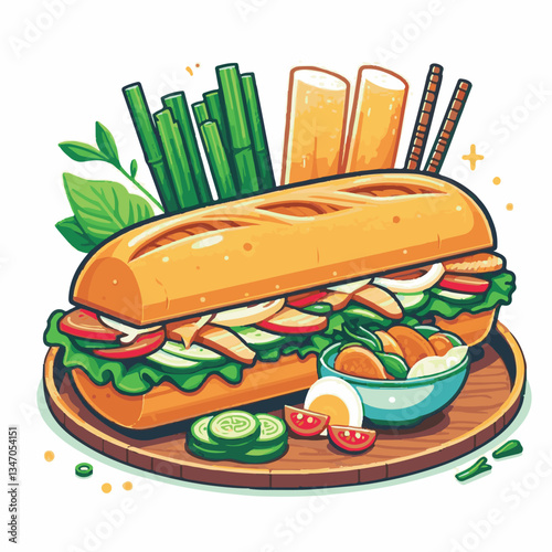 bread, baguette, meal, meat, fresh, food, background, cucumber, carrot, lunch, cuisine, coriander, sandwich, asian, traditional, vietnamese, pork, vietnam, sliced, closeup, cilantro, vegetable, street