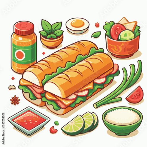 bread, baguette, meal, meat, fresh, food, background, cucumber, carrot, lunch, cuisine, coriander, sandwich, asian, traditional, vietnamese, pork, vietnam, sliced, closeup, cilantro, vegetable, street