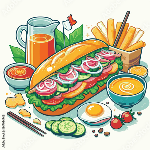 bread, baguette, meal, meat, fresh, food, background, cucumber, carrot, lunch, cuisine, coriander, sandwich, asian, traditional, vietnamese, pork, vietnam, sliced, closeup, cilantro, vegetable, street