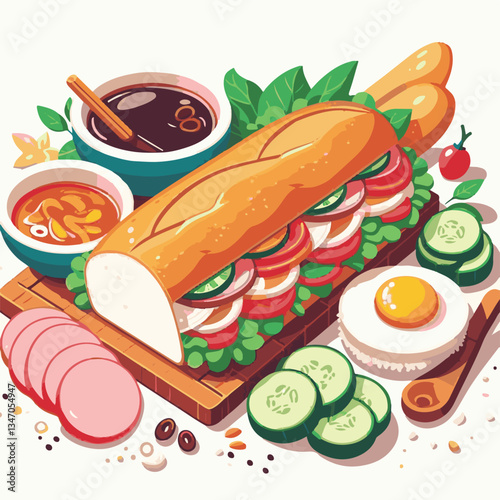 bread, baguette, meal, meat, fresh, food, background, cucumber, carrot, lunch, cuisine, coriander, sandwich, asian, traditional, vietnamese, pork, vietnam, sliced, closeup, cilantro, vegetable, street