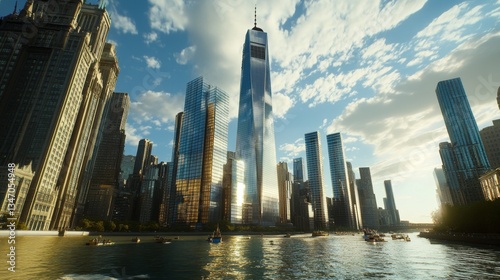 One world trade center towering over hudson river
