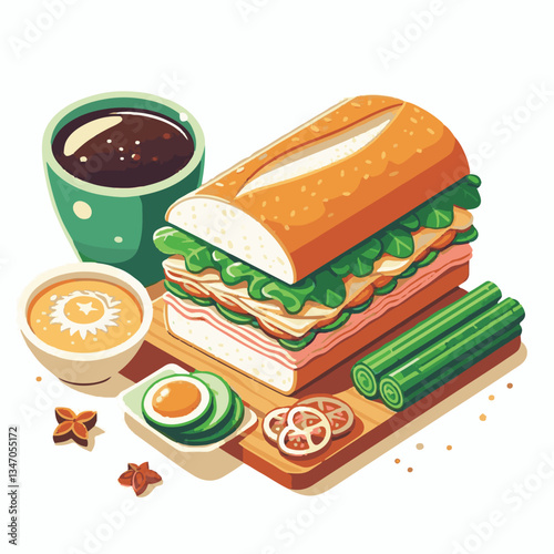 bread, baguette, meal, meat, fresh, food, background, cucumber, carrot, lunch, cuisine, coriander, sandwich, asian, traditional, vietnamese, pork, vietnam, sliced, closeup, cilantro, vegetable, street