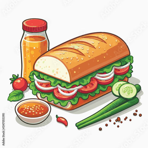 bread, baguette, meal, meat, fresh, food, background, cucumber, carrot, lunch, cuisine, coriander, sandwich, asian, traditional, vietnamese, pork, vietnam, sliced, closeup, cilantro, vegetable, street