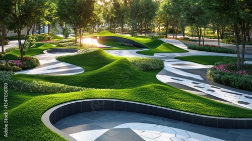 Scenic parkland design with winding pathways and lush greenery at sunrise