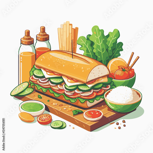 bread, baguette, meal, meat, fresh, food, background, cucumber, carrot, lunch, cuisine, coriander, sandwich, asian, traditional, vietnamese, pork, vietnam, sliced, closeup, cilantro, vegetable, street
