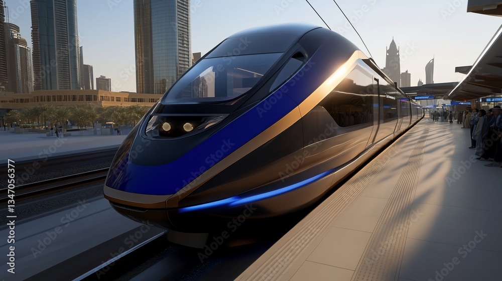 Fototapeta premium Futuristic high speed train in urban landscape symbolizes technological progress