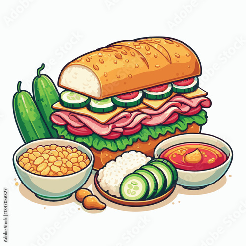 bread, baguette, meal, meat, fresh, food, background, cucumber, carrot, lunch, cuisine, coriander, sandwich, asian, traditional, vietnamese, pork, vietnam, sliced, closeup, cilantro, vegetable, street
