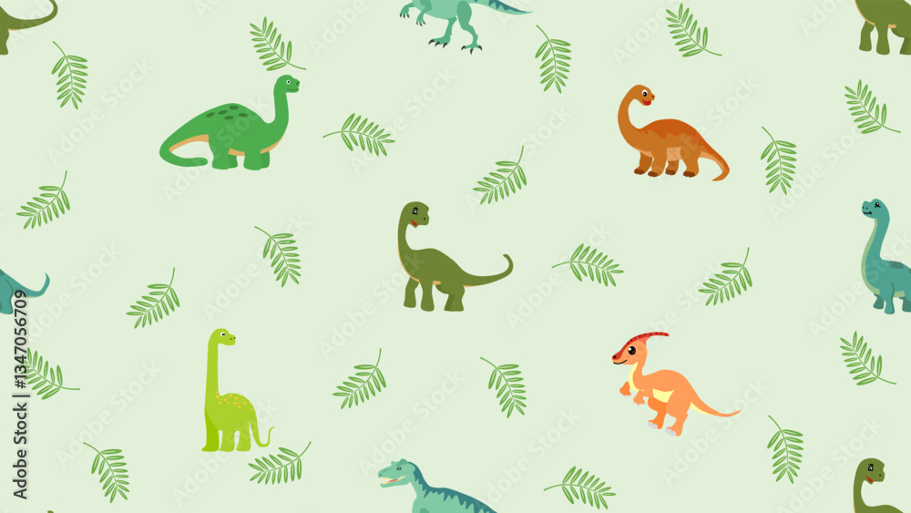 Obraz premium Dinosaurs seamless pattern background. Cute Dinosaurs illustration pattern. Cartoon Dinosaurs background. Perfect for fashion clothes, shirt, fabrics, textiles, wallpaper, decor, print, packaging.