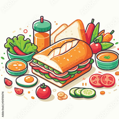 bread, baguette, meal, meat, fresh, food, background, cucumber, carrot, lunch, cuisine, coriander, sandwich, asian, traditional, vietnamese, pork, vietnam, sliced, closeup, cilantro, vegetable, street