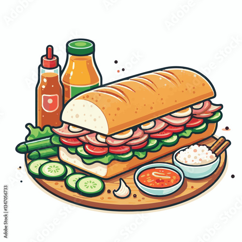 bread, baguette, meal, meat, fresh, food, background, cucumber, carrot, lunch, cuisine, coriander, sandwich, asian, traditional, vietnamese, pork, vietnam, sliced, closeup, cilantro, vegetable, street
