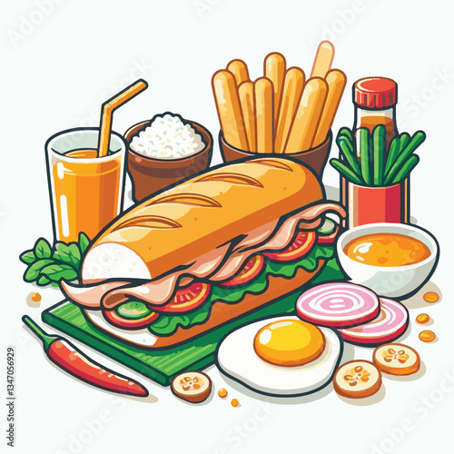 bread, baguette, meal, meat, fresh, food, background, cucumber, carrot, lunch, cuisine, coriander, sandwich, asian, traditional, vietnamese, pork, vietnam, sliced, closeup, cilantro, vegetable, street