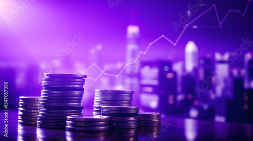 Stack of coins with a digital financial graph indicating market growth and success.
