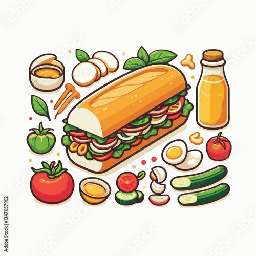 bread, baguette, meal, meat, fresh, food, background, cucumber, carrot, lunch, cuisine, coriander, sandwich, asian, traditional, vietnamese, pork, vietnam, sliced, closeup, cilantro, vegetable, street