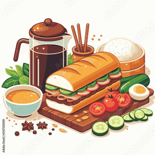 bread, baguette, meal, meat, fresh, food, background, cucumber, carrot, lunch, cuisine, coriander, sandwich, asian, traditional, vietnamese, pork, vietnam, sliced, closeup, cilantro, vegetable, street