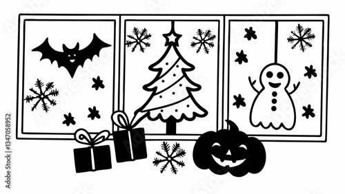  Design a festive vector for a holiday greeting (e.g., New Year, Halloween) using themed icons and bold, thematic colors.
