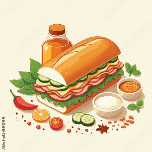 bread, baguette, meal, meat, fresh, food, background, cucumber, carrot, lunch, cuisine, coriander, sandwich, asian, traditional, vietnamese, pork, vietnam, sliced, closeup, cilantro, vegetable, street