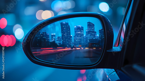 Cityscape Reflection: A captivating view of a cityscape reflected in a side mirror, with blurred streaks of light and bokeh creating a vibrant night scene.
