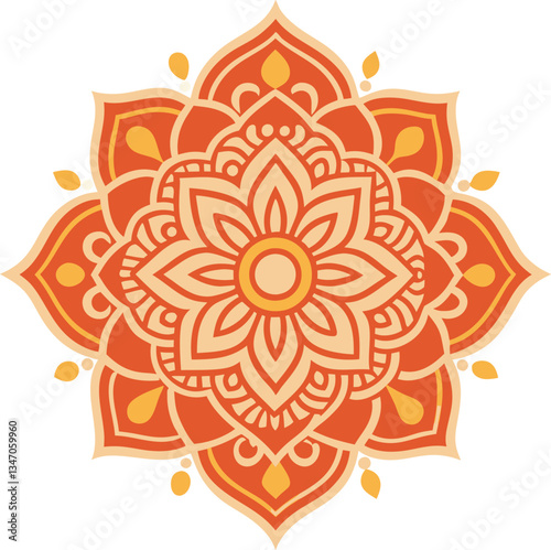 Orange and Yellow Floral Mandala Design, A beautiful orange and yellow mandala with intricate floral patterns, symbolizing spiritual growth and balance.
