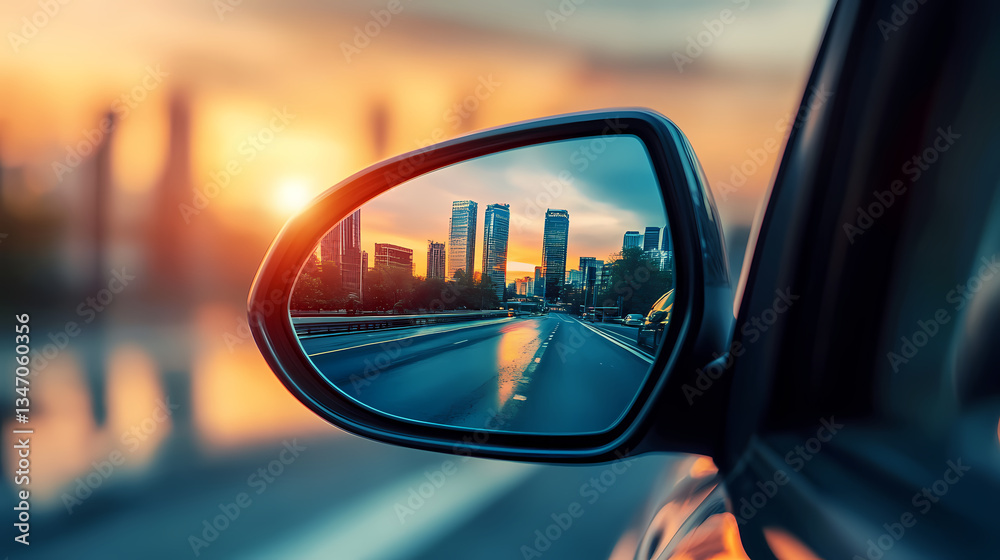 Reflection of Cityscape: An urban panorama captured within the side mirror of a moving vehicle, where skyscrapers reflecting off the glass present a surreal and dynamic perspective. Reflection of Cityscape: An urban panorama captured within the side mirror of a moving vehicle, where skyscrapers reflecting off the glass present a surreal and dynamic perspective.