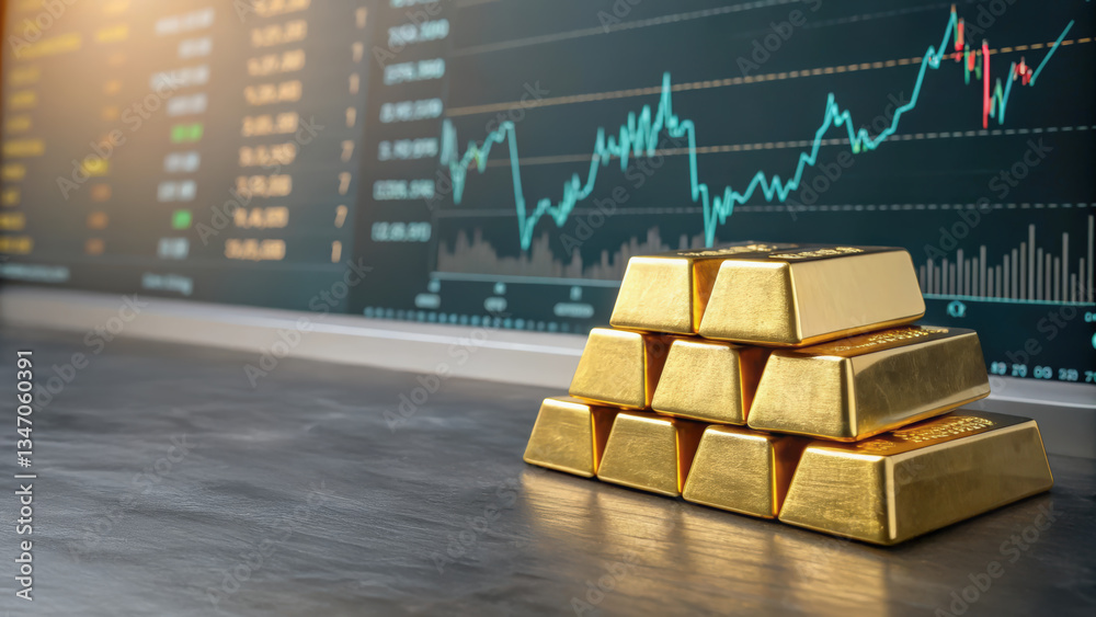 Stacked gold bars glowing under futuristic digital graphs, representing investment growth and market trends, [gold investment], [bullion insights].