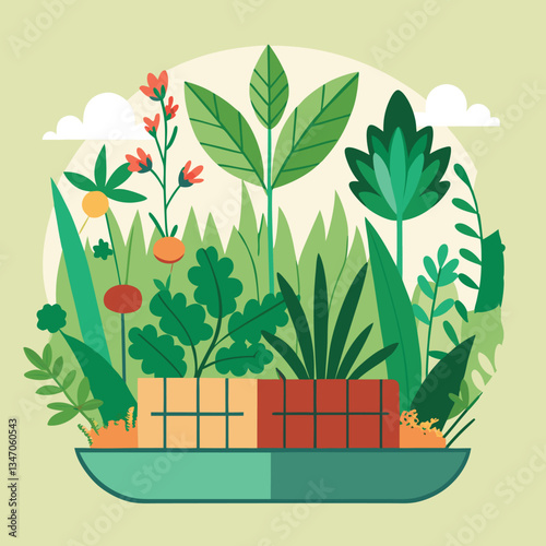 Colorful Garden with Plants and Flowers in Planter, A vibrant illustration of various plants and flowers growing in a planter, set against a light green background, symbolizing nature and gardening.
