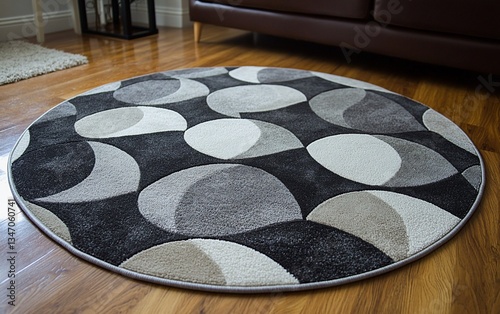 Round gray, beige, and black patterned rug on hardwood floor.