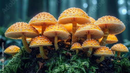 Cluster of vibrant yellow mushrooms in a forest