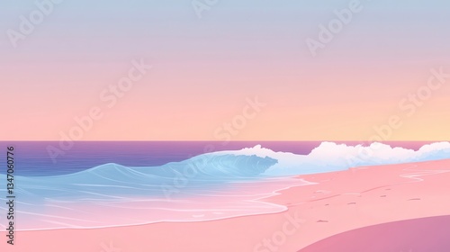 Pink Sand Beach Sunset Ocean Wave Seascape.