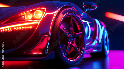 Neon Dreams: A captivating view of a sleek sports car, bathed in a vibrant neon glow, showcases modern design and cutting-edge technology.