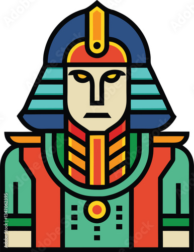 Stylized Egyptian Pharaoh Icon with Bright Colors, A colorful and stylized illustration of an Egyptian pharaoh, featuring vibrant colors like teal, red, and gold.
