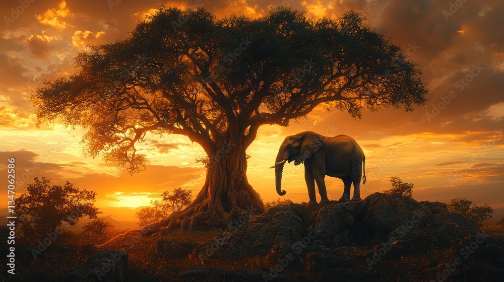 Fototapeta premium Elephant by a giant tree at sunset