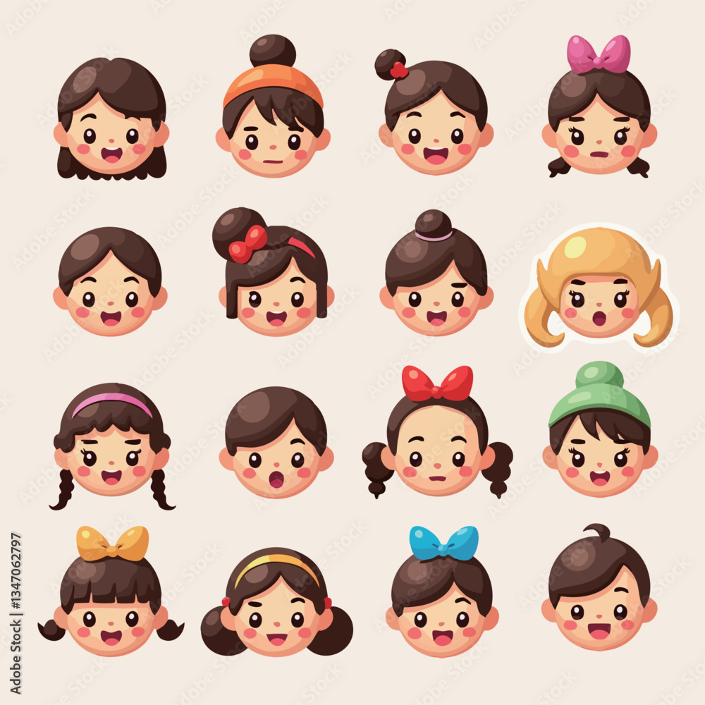 Collection of cute cartoon faces of girls with different hairstyles and expressions Collection of cute cartoon faces of girls with different hairstyles and expressions