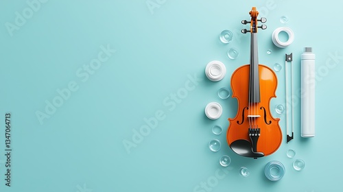 Orange violin and accessories on light blue background