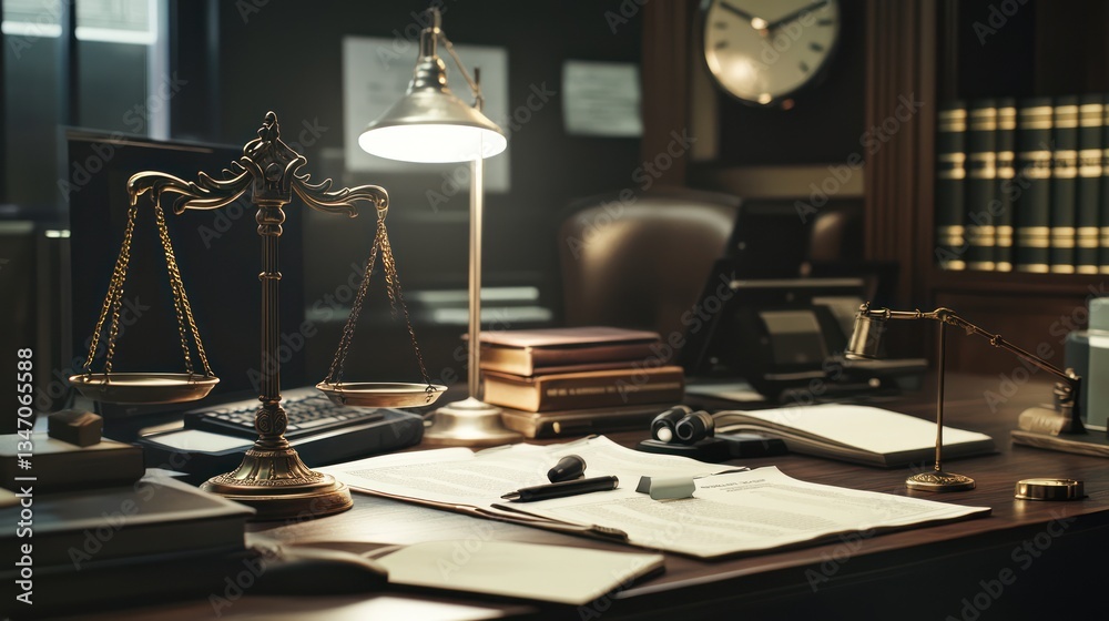 Obraz premium Law Office Workspace with Scales of Justice