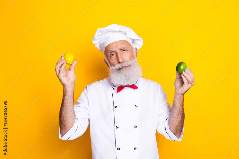Senior male chef in uniform with lemon and lime on yellow background Senior male chef in uniform with lemon and lime on yellow background