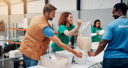 Volunteer, people and packing food for donation with community service, NGO outreach and charity event. Non profit project, teamwork and happy with oats parcel in warehouse for social responsibility photo
