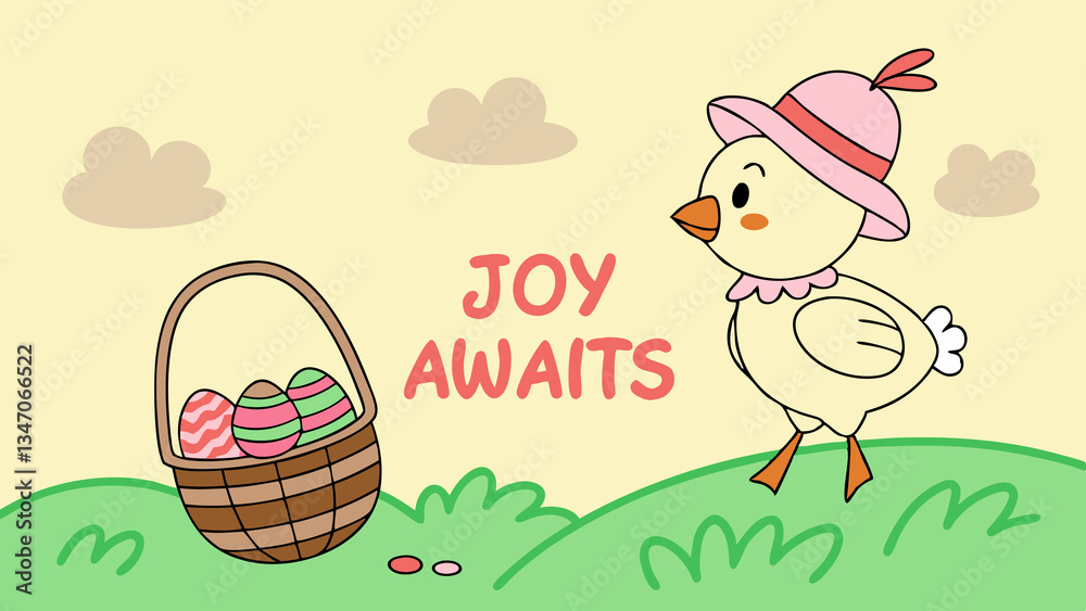 Easter illustration with chick basket and eggs for greeting card and holiday design Easter illustration with chick basket and eggs for greeting card and holiday design
