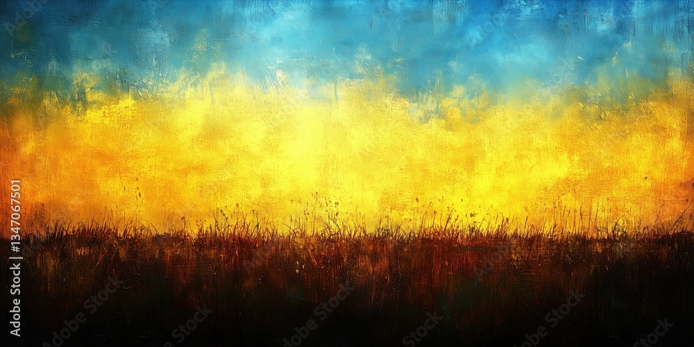 Fototapeta premium Vibrant abstract painting depicting a sunrise with golden hues over a dark field, evoking warmth and tranquility.