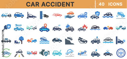 Car Accident Color Icons Set – Vehicle Crash, Traffic Collision, Road Safety, Insurance, Car Damage, Emergency, Breakdown, Speeding, Repair, Auto Risk, Vector Illustration