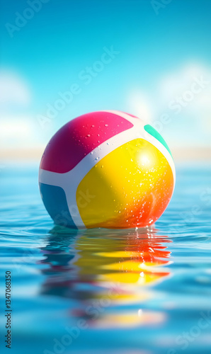 Vibrant beach ball reflecting in clear pool water under a sunny sky